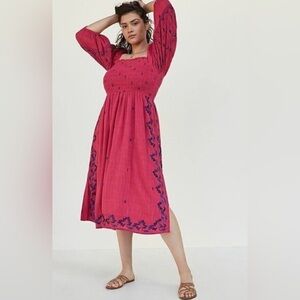 Anthropologie smocked embroidered midi dress